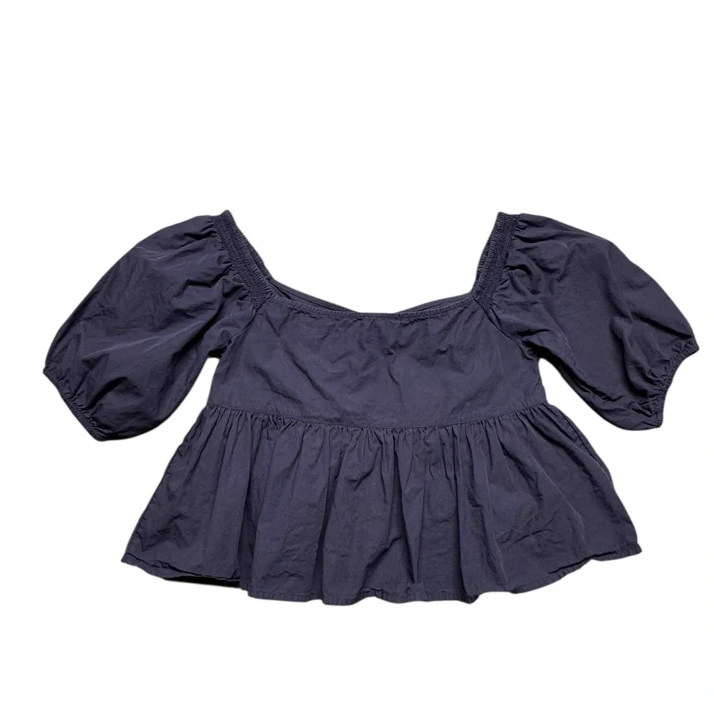 Free People Veronica Navy Blue Puff Sleeve Peplum Crop Top in Night Sky Sz Small